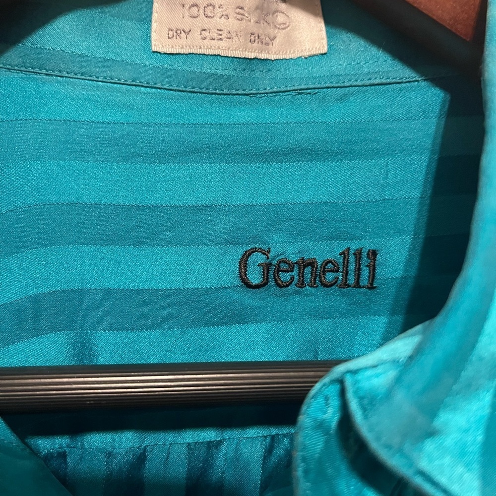 Vintage Genelli 100% Silk Button Up Shirt Mens L Tone On Tone Striped Teal - Picture 4 of 8